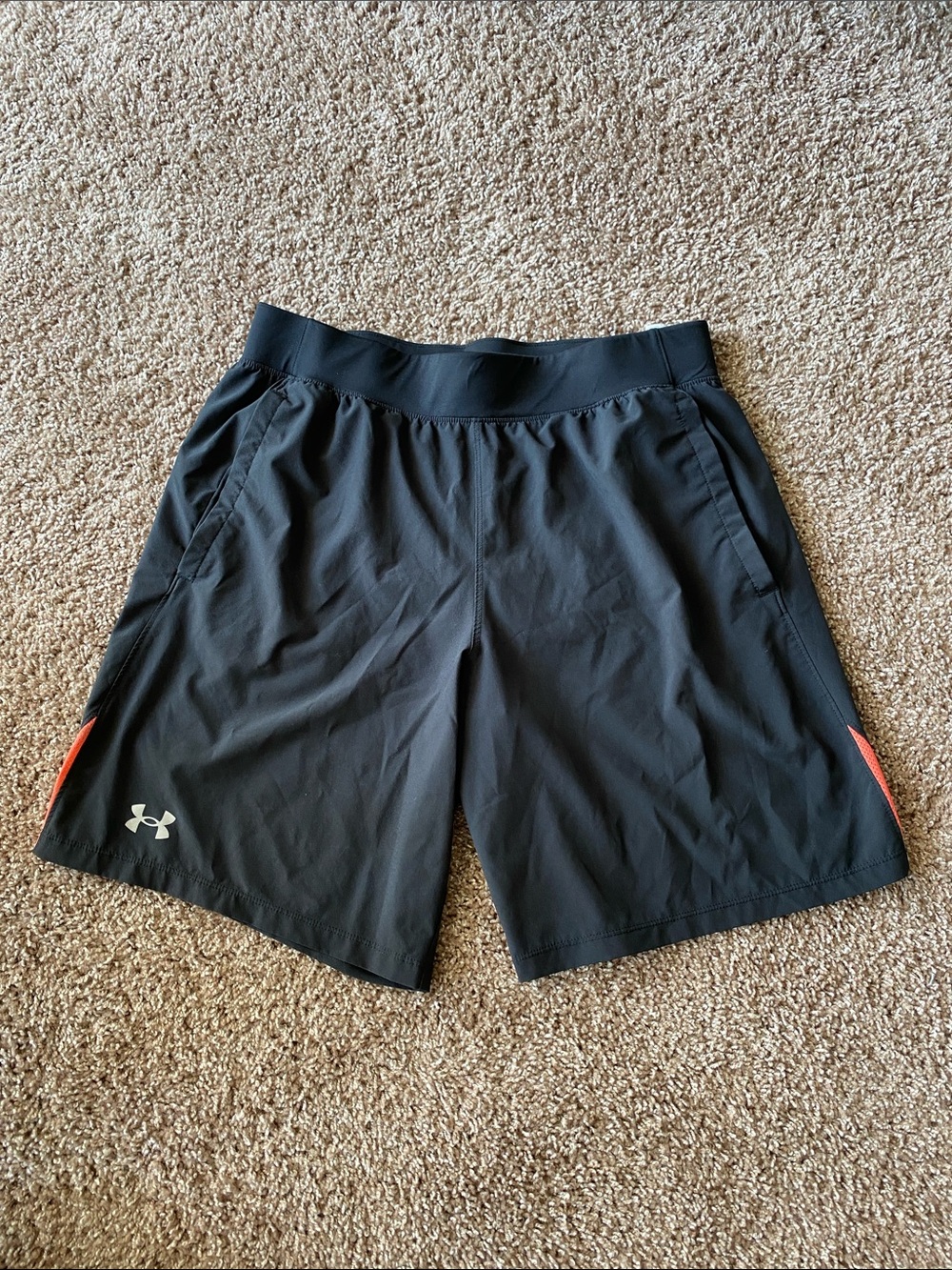 Under Armour Men’s Black Athletic Shorts with Orange Accents